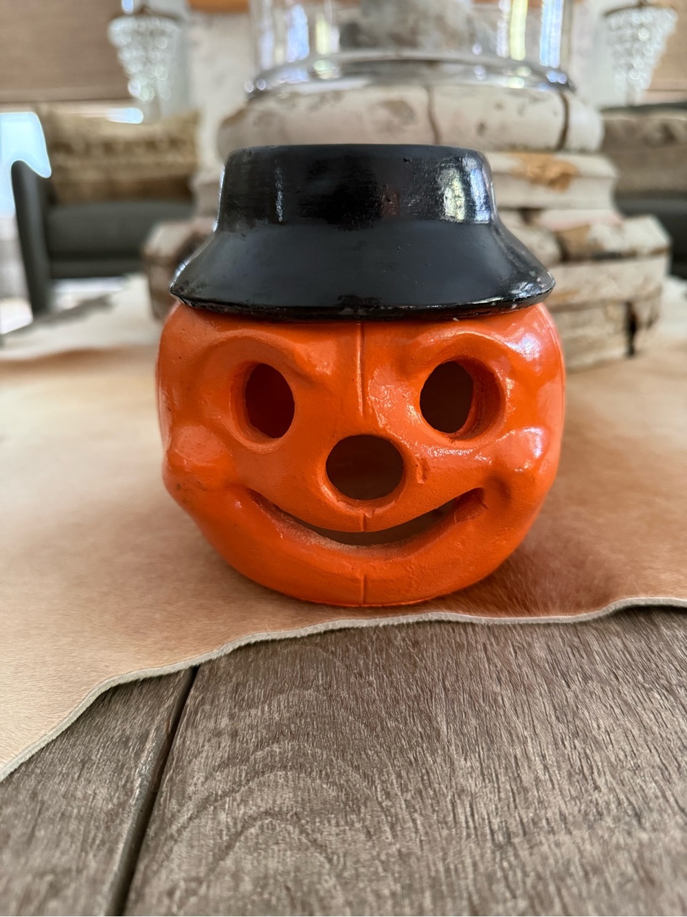 Vintage Little Dumpling Pumpkin Face Candle Holder with Black Hat